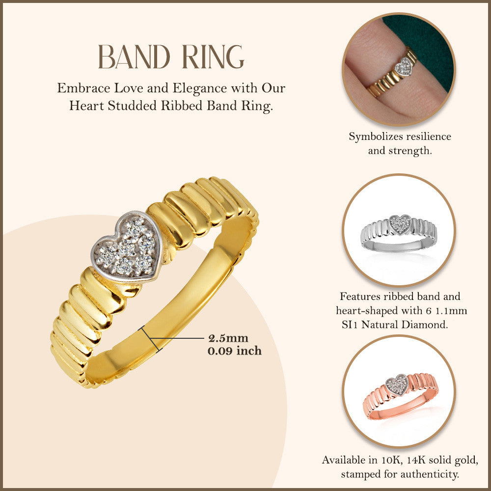 Gold Diamond Studded Heart Ribbed Band Ring (Available in Yellow/Rose/White Gold)
