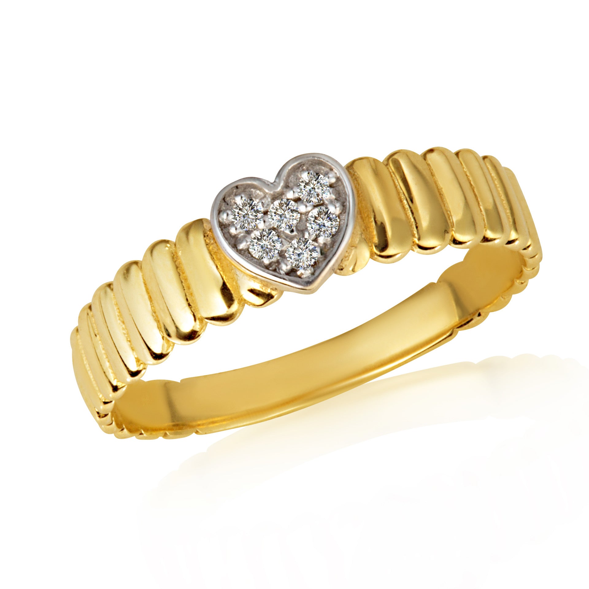 Gold Diamond Studded Heart Ribbed Band Ring (Available in Yellow/Rose/White Gold)