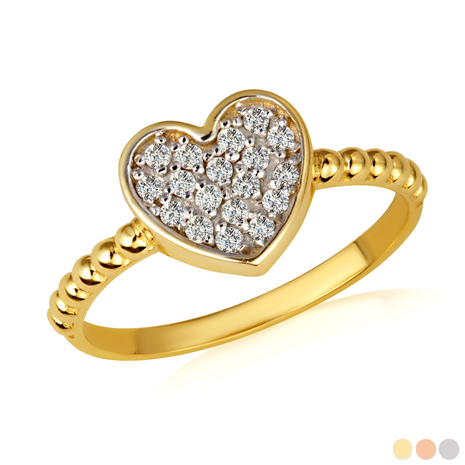 Gold Diamond Studded Heart Beaded Band Ring (Available in Yellow/Rose/White Gold)