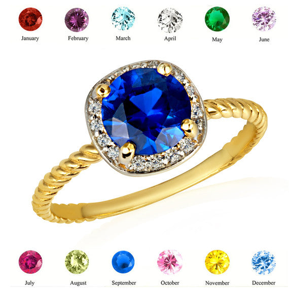 Gold Personalized Birthstone Diamond Halo Rope Ring (Available in Yellow /Rose/White Gold)