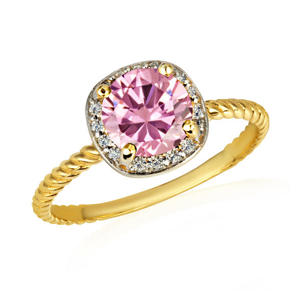 Gold Personalized Birthstone Diamond Halo Rope Ring (Available in Yellow /Rose/White Gold)