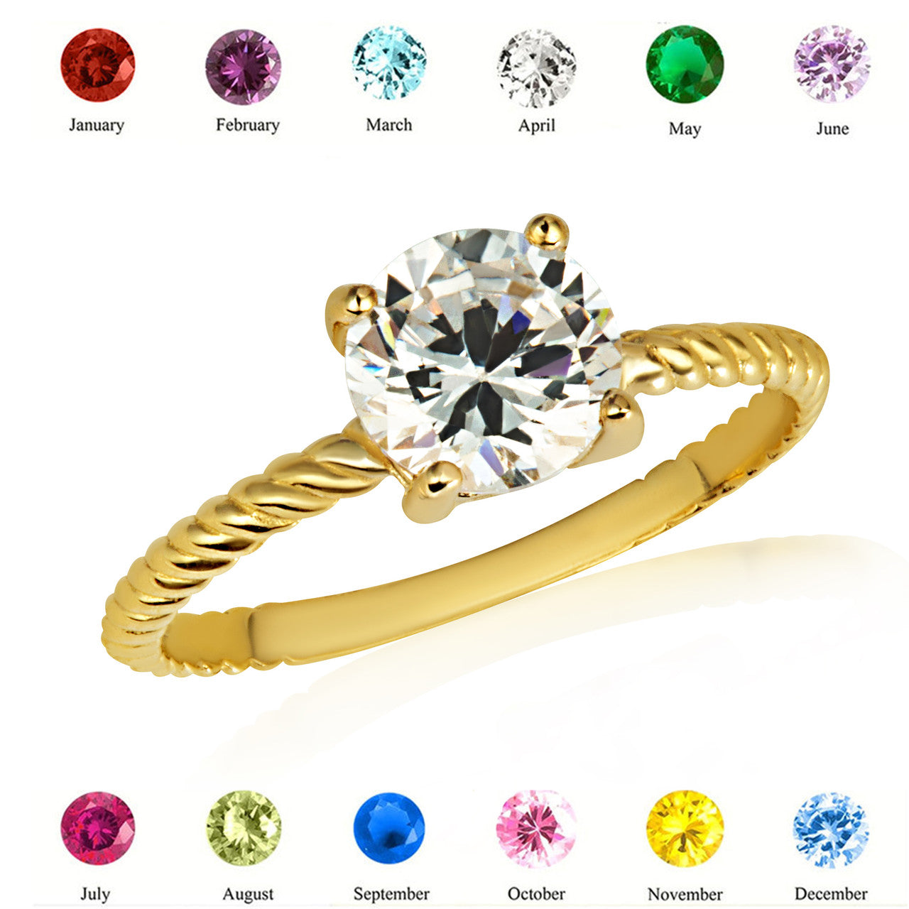 Gold Personalized Birthstone Rope Ring (Available in Yellow/Rose/White Gold)