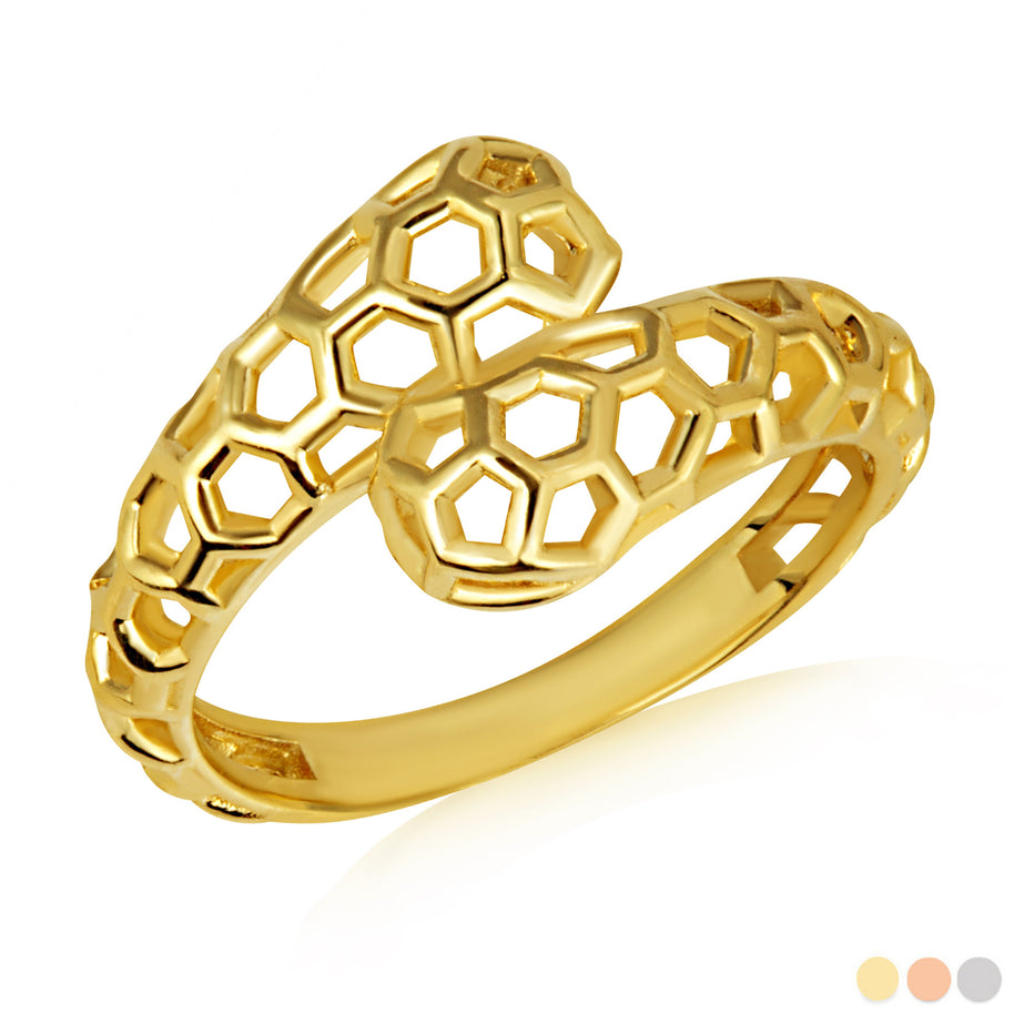 Gold Honeycomb Beehive Wraparound Band Ring (Available in Yellow/Rose/White Gold)