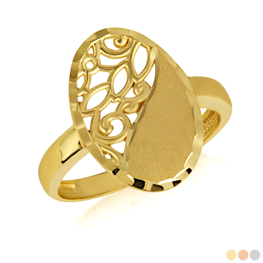 Gold Oval Diamond Cut Floral Statement Ring (Available in Yellow/Rose/White Gold)