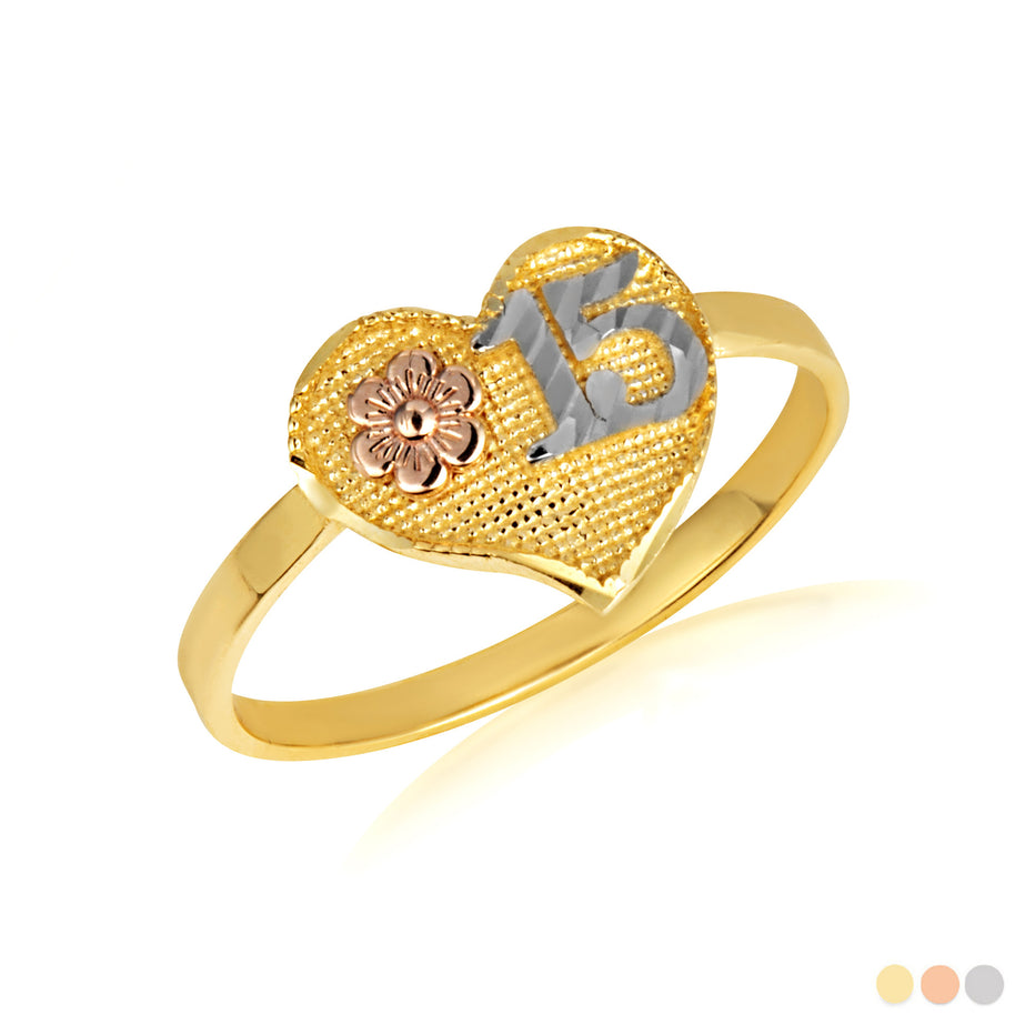 Tri-Color Gold Diamond Cut Beaded Heart 15 Años Flower Quinceañera Ring (Available in Yellow/Rose/White Gold)