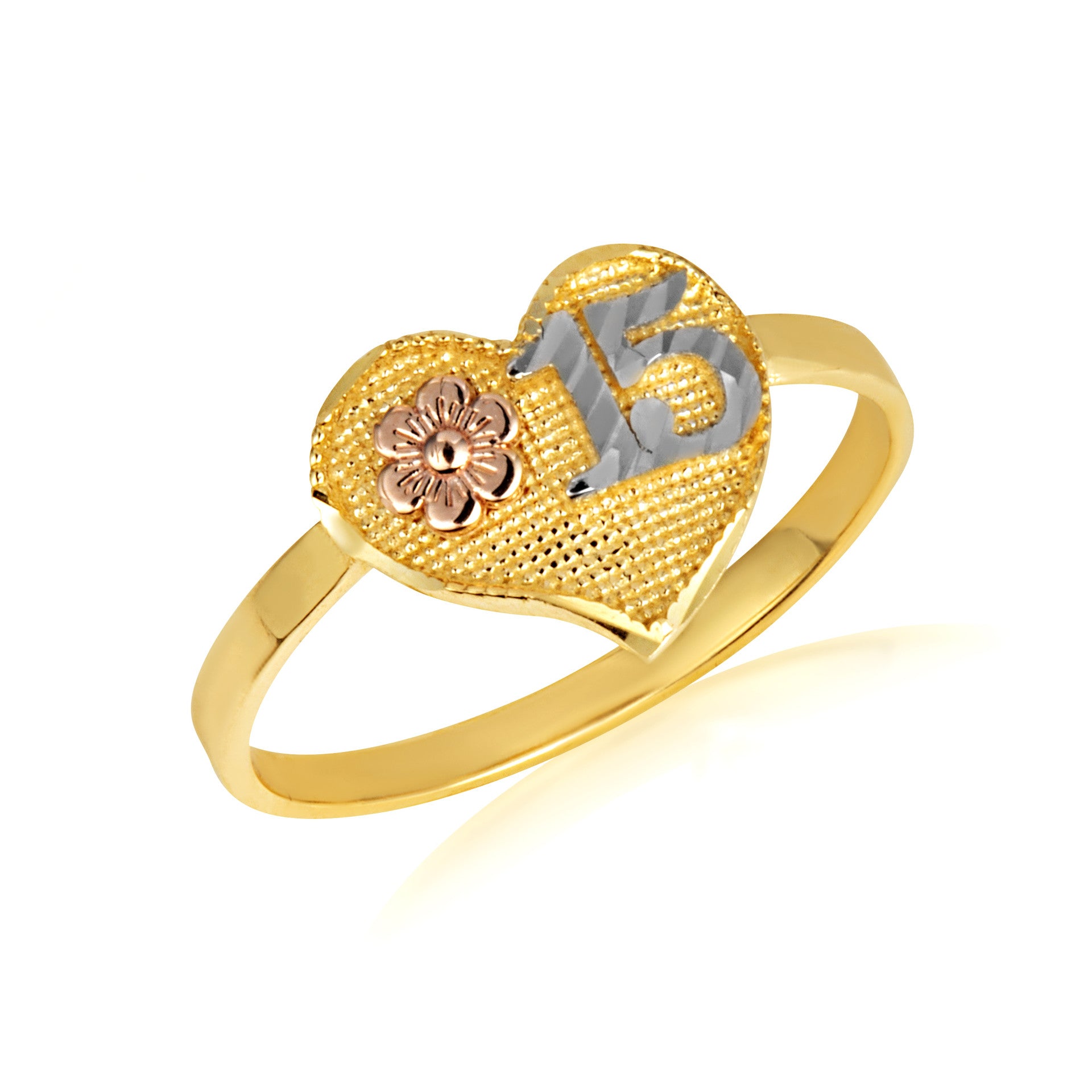 Tri-Color Gold Diamond Cut Beaded Heart 15 Años Flower Quinceañera Ring (Available in Yellow/Rose/White Gold)