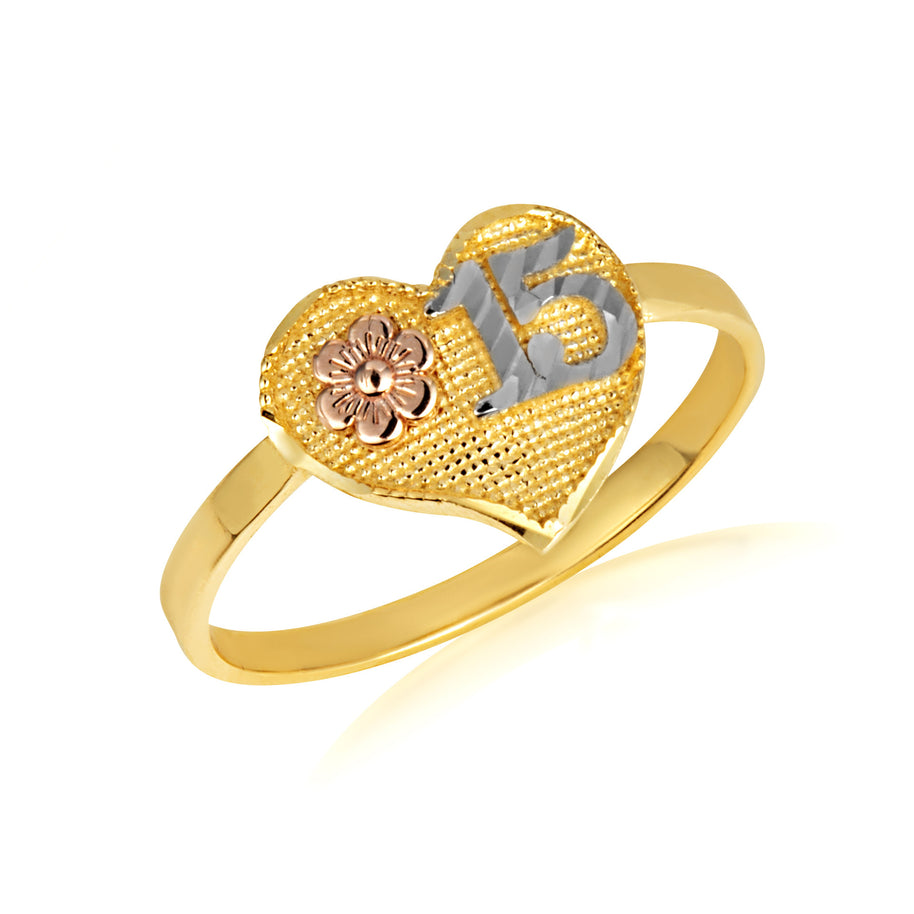 Tri-Color Gold Diamond Cut Beaded Heart 15 Años Flower Quinceañera Ring (Available in Yellow/Rose/White Gold)