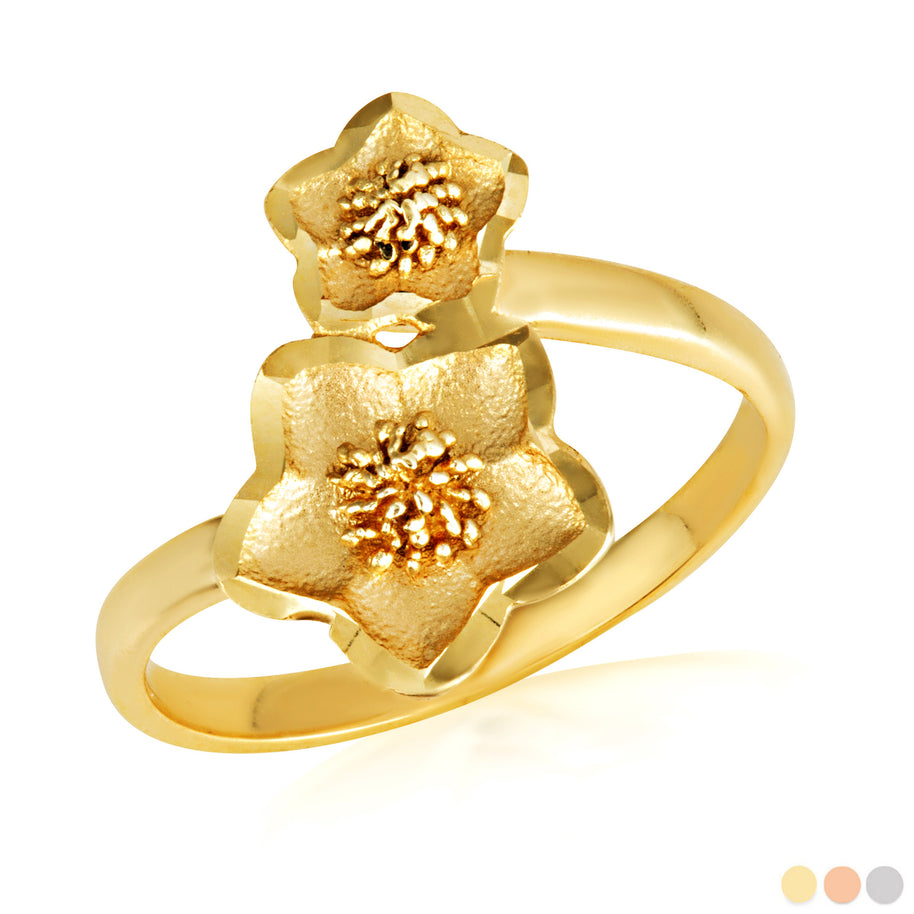 Gold Diamond Cut Hawaiian Plumeria Flower Ring (Available in Yellow/Rose/White Gold)