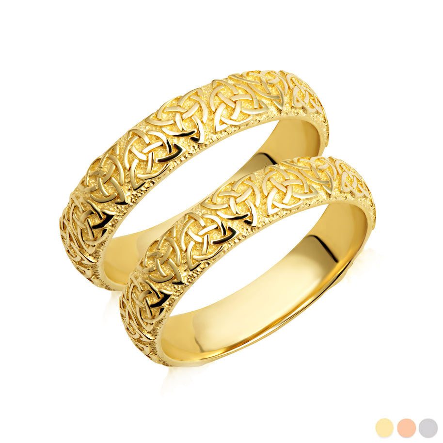 Gold Irish Celtic Trinity Knot Eternity Unisex Band Ring Set (Available in Yellow/Rose/White Gold)
