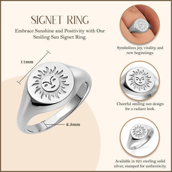 .925 Sterling Silver Sun Face Signet Ring