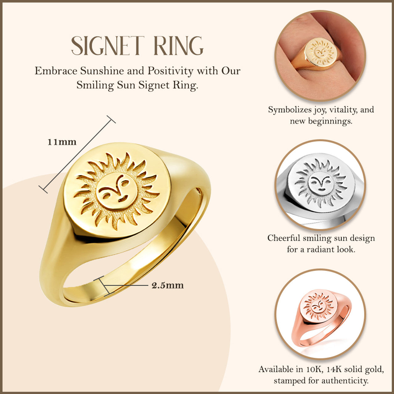 Gold Sun Face Signet Ring (Available in Yellow/Rose/White Gold)