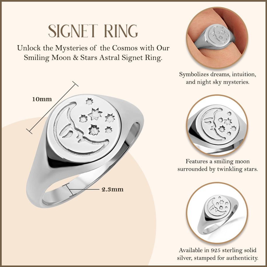 .925 Sterling Silver Moon Face Celestial Stars Signet Ring