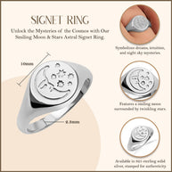 .925 Sterling Silver Moon Face Celestial Stars Signet Ring