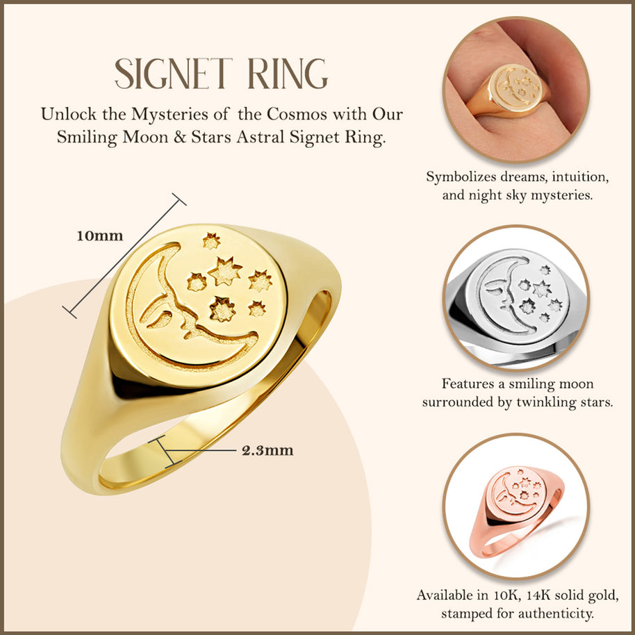 Gold Moon Face Celestial Stars Signet Ring (Available in Yellow/Rose/White Gold)