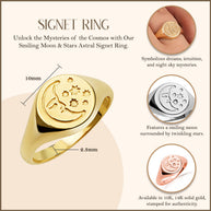 Gold Moon Face Celestial Stars Signet Ring (Available in Yellow/Rose/White Gold)
