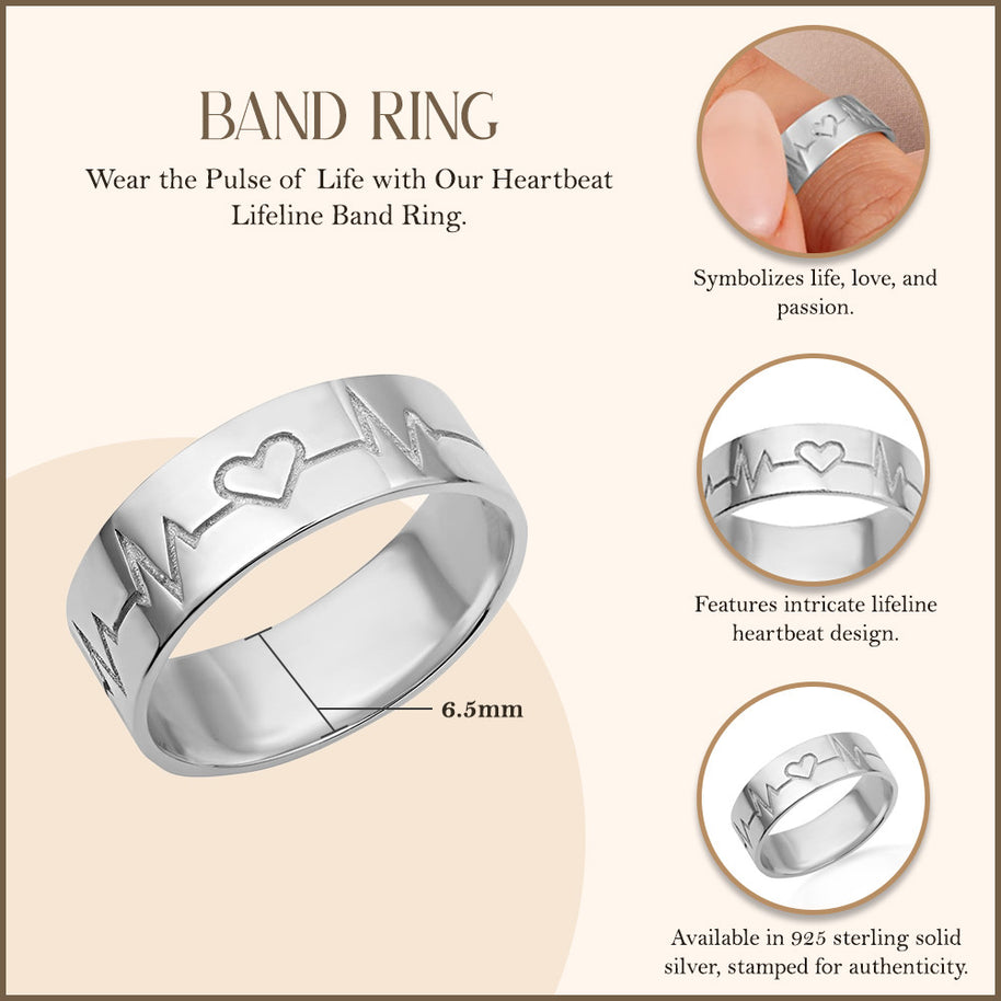 .925 Sterling Silver Heartbeat EKG Pulse Band Ring