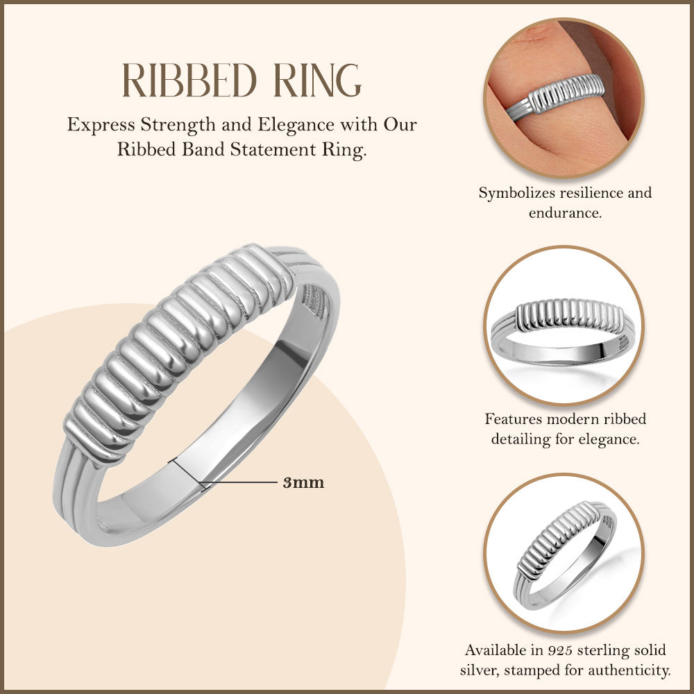 .925 Sterling Silver Ribbed Band Statement Ring