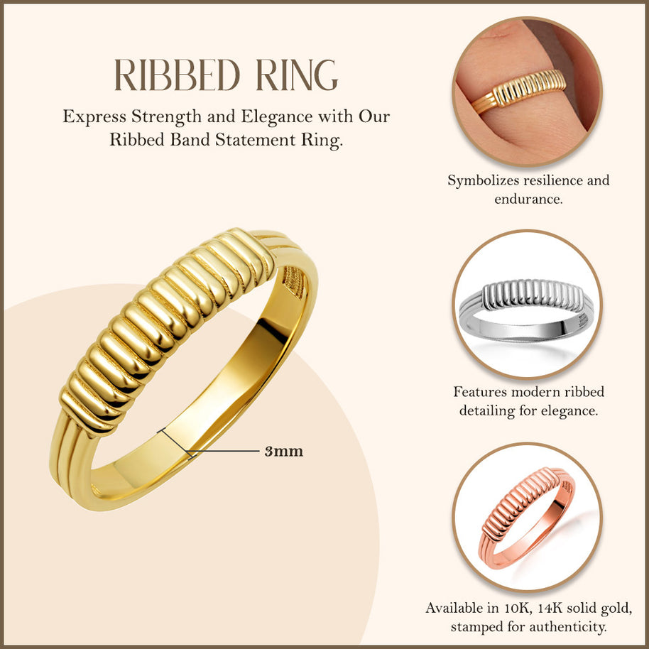 Gold Ribbed Band Statement Ring (Available in Yellow/Rose/White Gold)