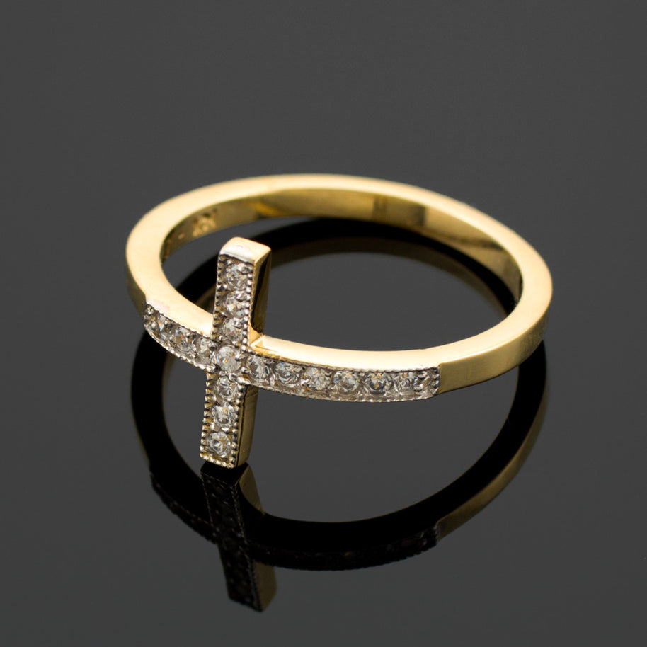 Gold CZ Pave Sideways Cross Ring (Available In Yellow/Rose/White Gold)