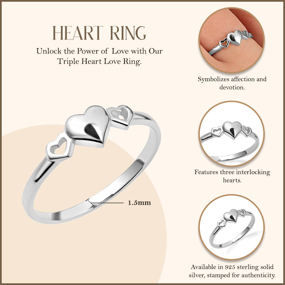 .925 Sterling Silver Triple Heart Love Ring