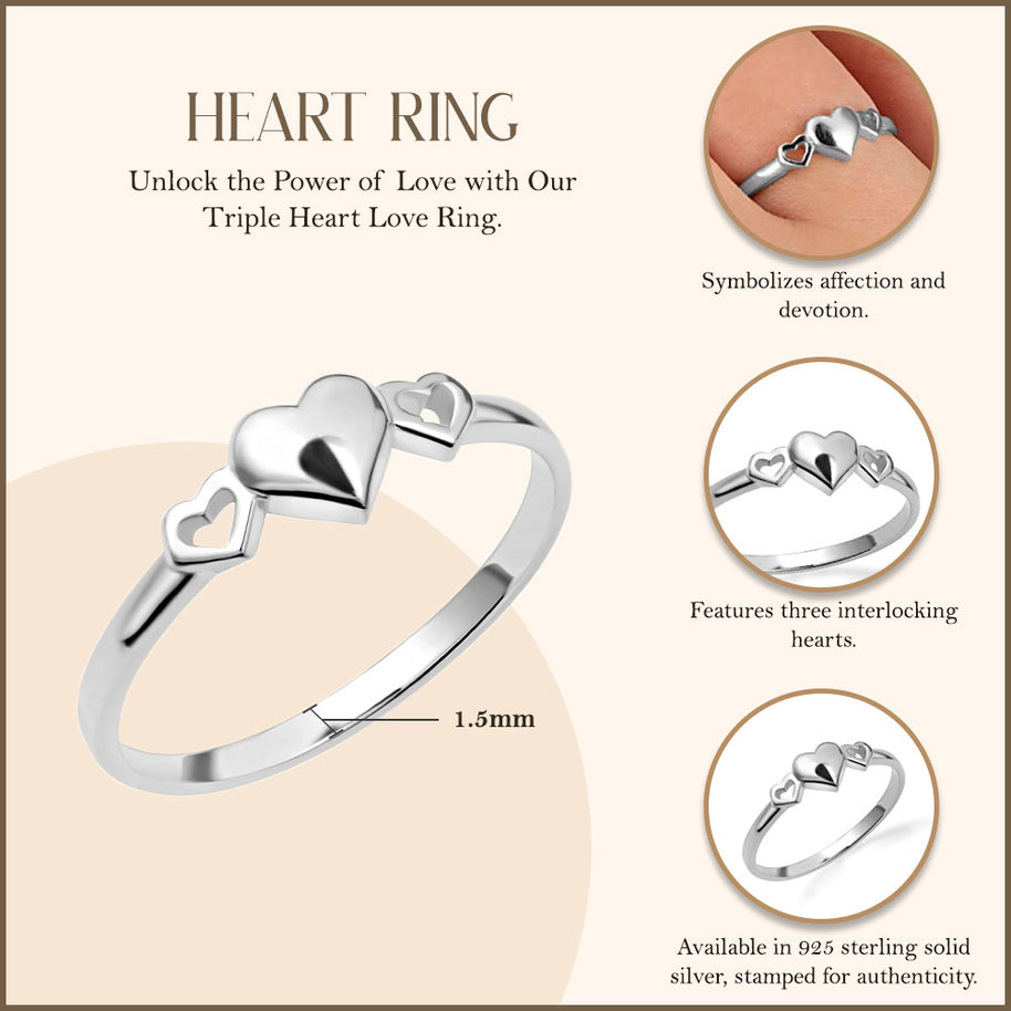 .925 Sterling Silver Triple Heart Love Ring