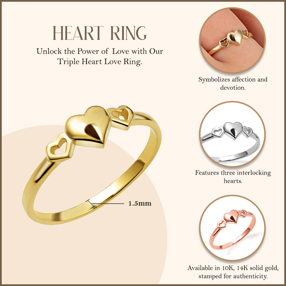 Gold Triple Heart Love Ring (Available in Yellow/Rose/White Gold)