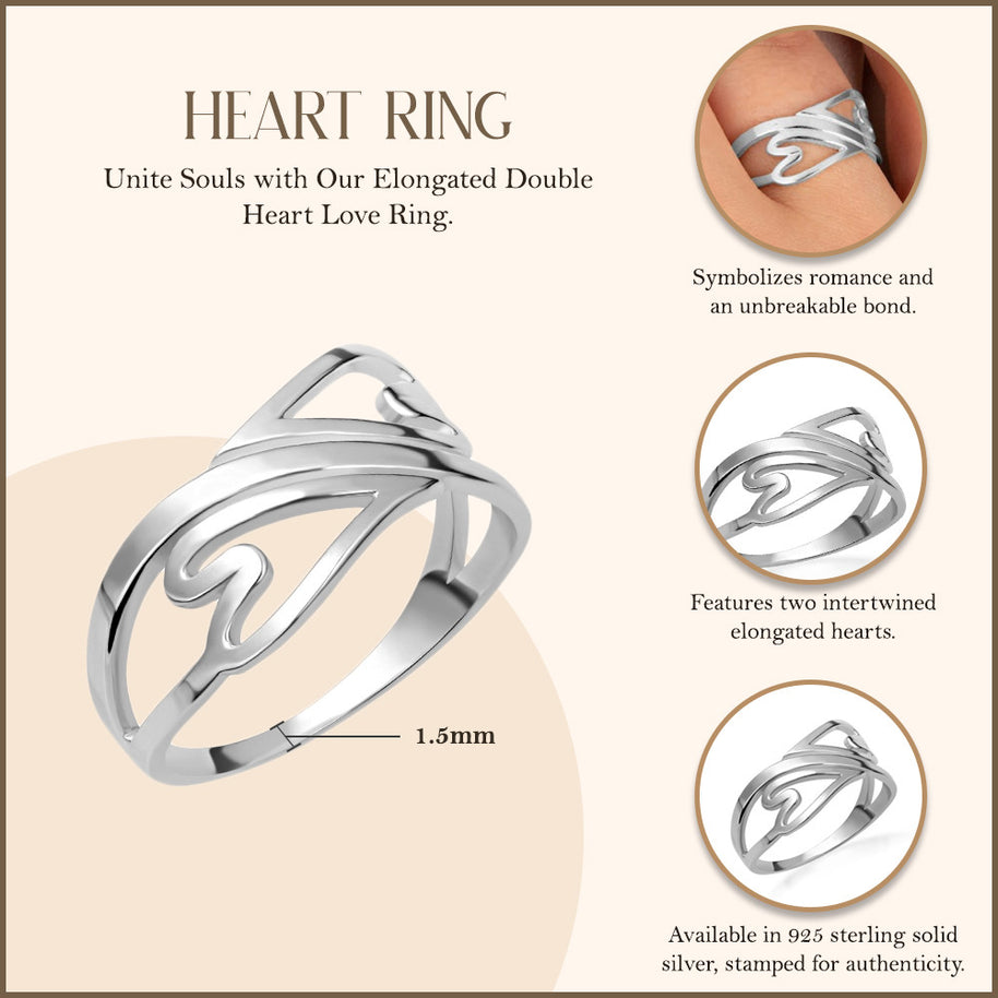 .925 Sterling Silver Elongated Double Heart Love Ring