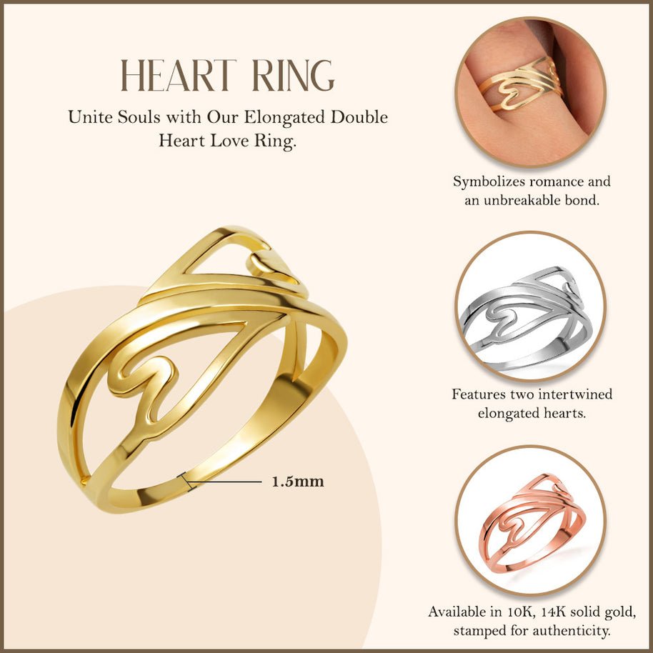 Gold Elongated Double Heart Love Ring (Available in Yellow/Rose/White Gold)