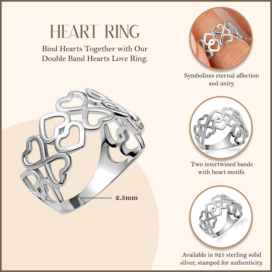 .925 Sterling Silver Hearts Double Band Love Ring