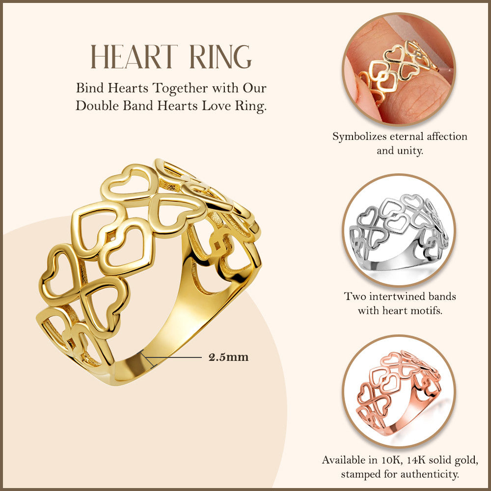 Gold Hearts Double Band Love Ring (Available in Yellow/Rose/White Gold)
