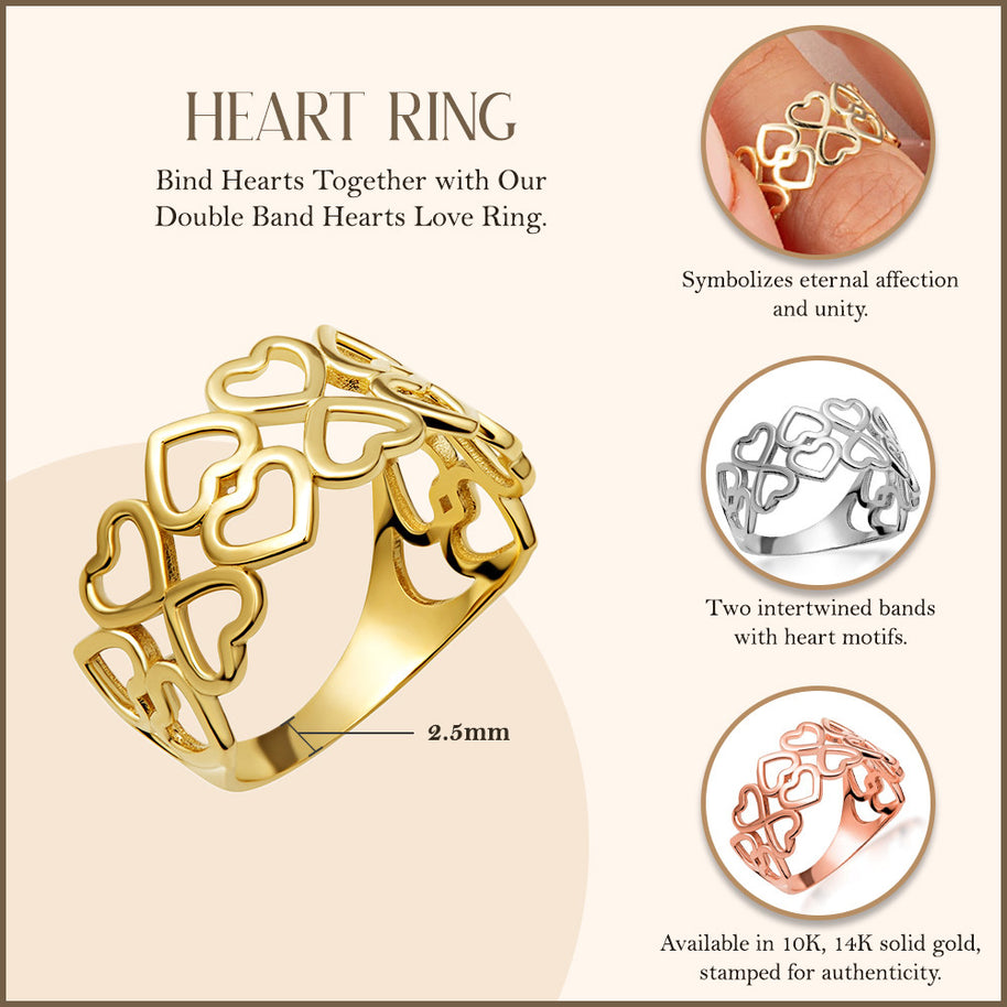 Gold Hearts Double Band Love Ring (Available in Yellow/Rose/White Gold)
