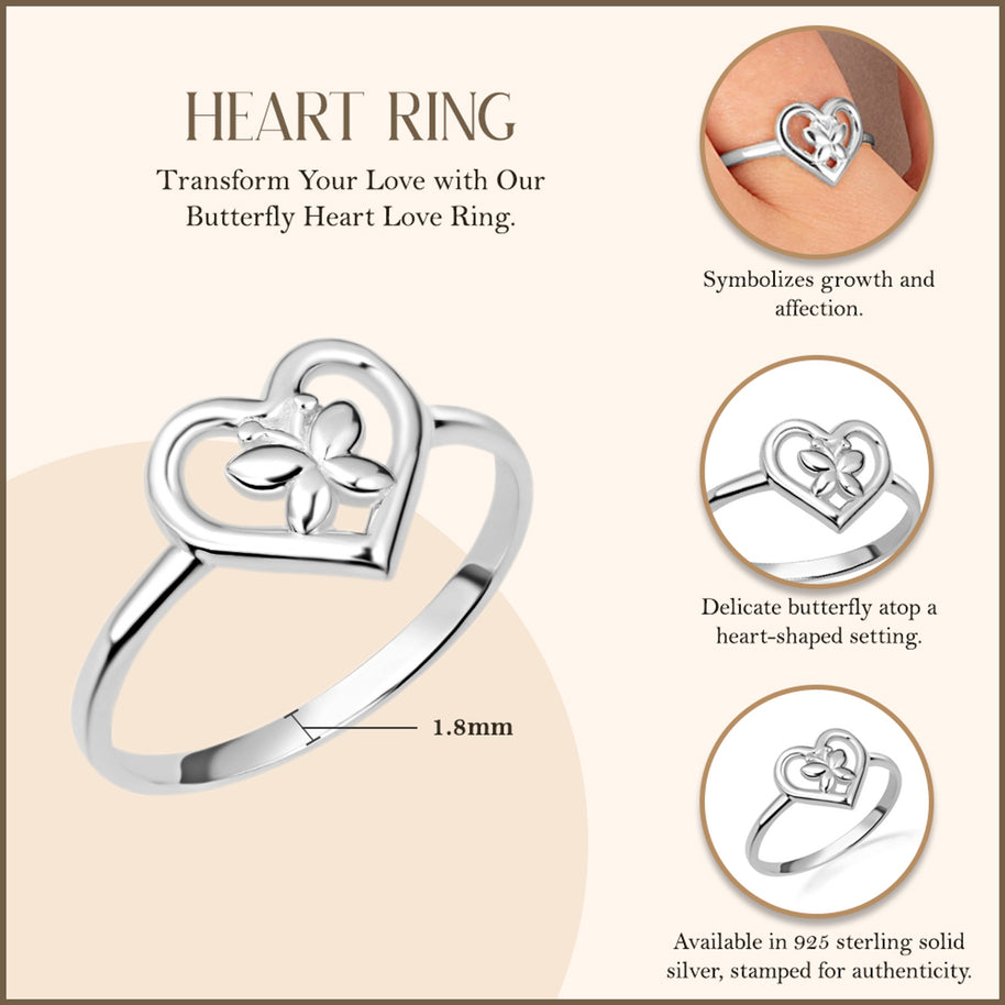 .925 Sterling Silver Butterfly Heart Love Ring
