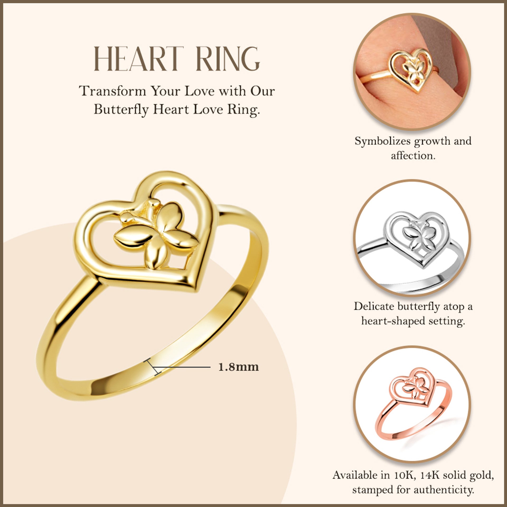 Gold Butterfly Heart Love Ring (Available in Yellow/Rose/White Gold)