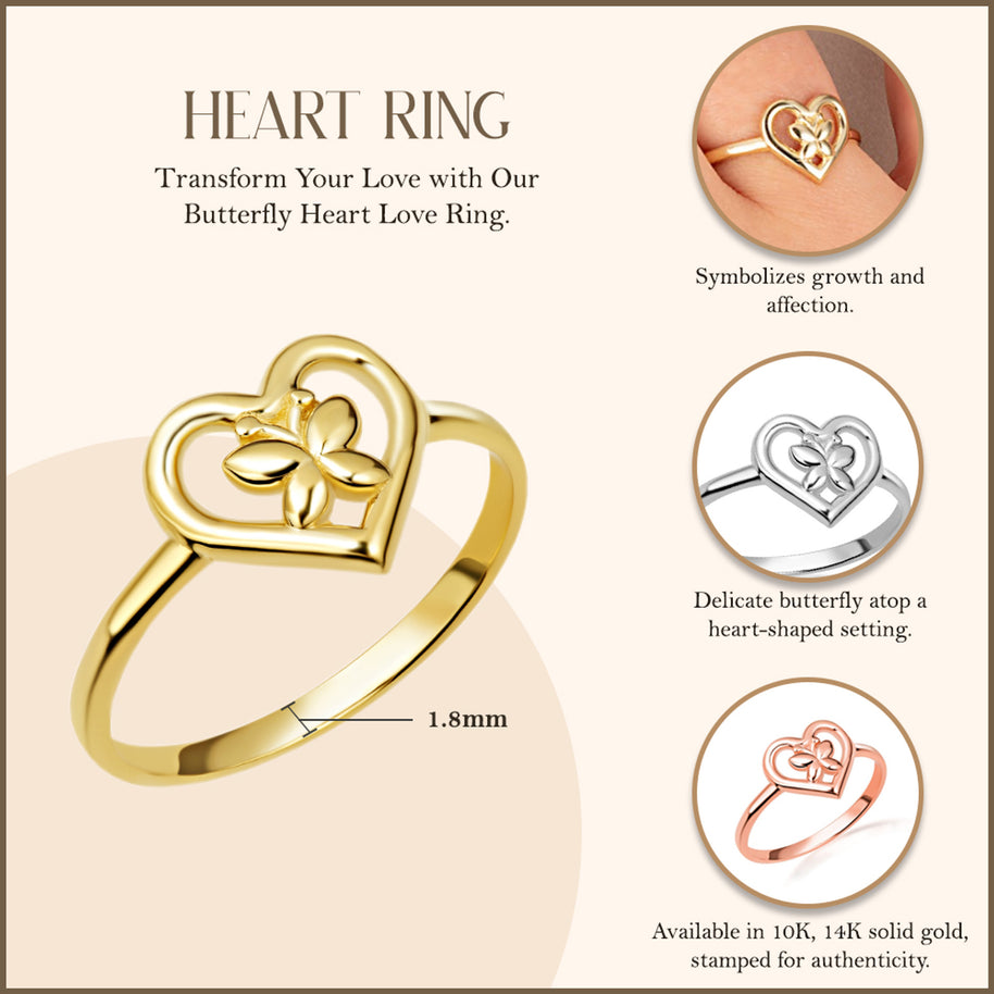 Gold Butterfly Heart Love Ring (Available in Yellow/Rose/White Gold)