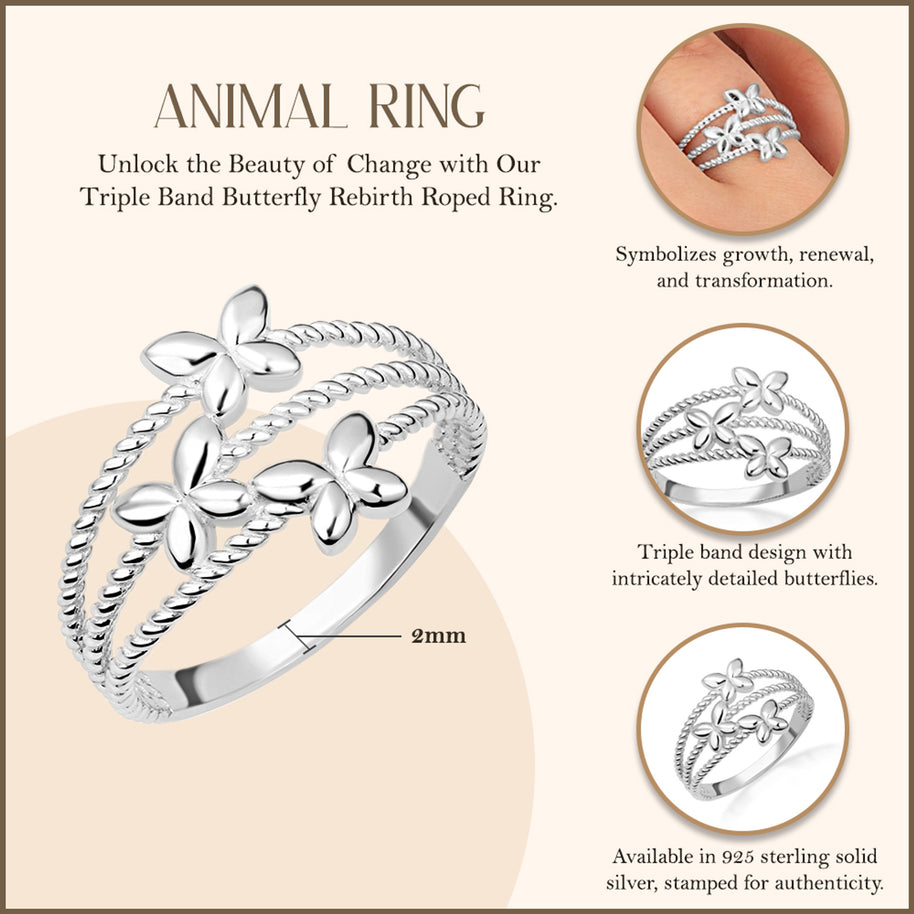 .925 Sterling Silver Triple Butterfly Rope Band Ring
