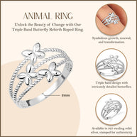 .925 Sterling Silver Triple Butterfly Rope Band Ring