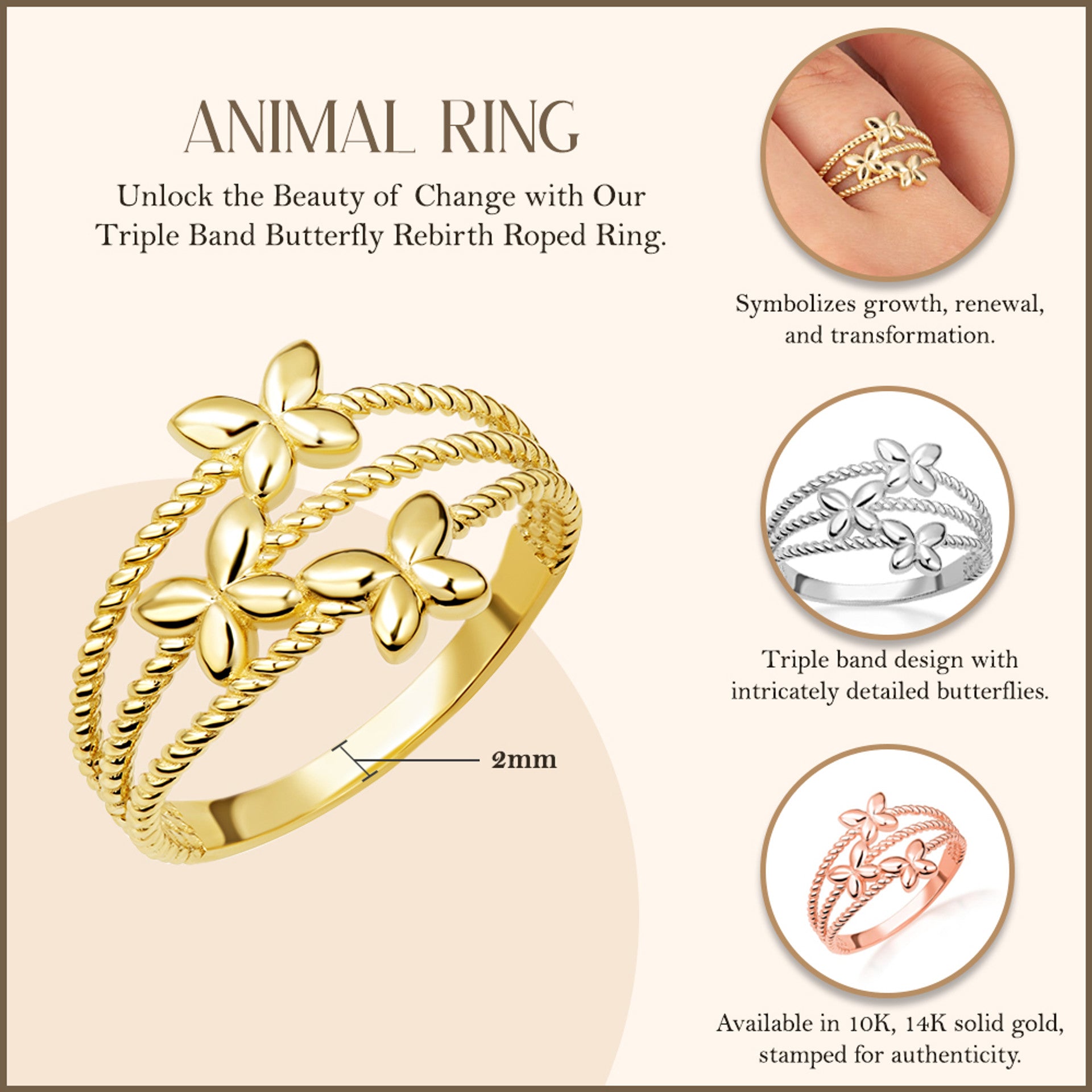 Gold Triple Butterfly Rope Band Ring (Available in Yellow/Rose/White Gold)