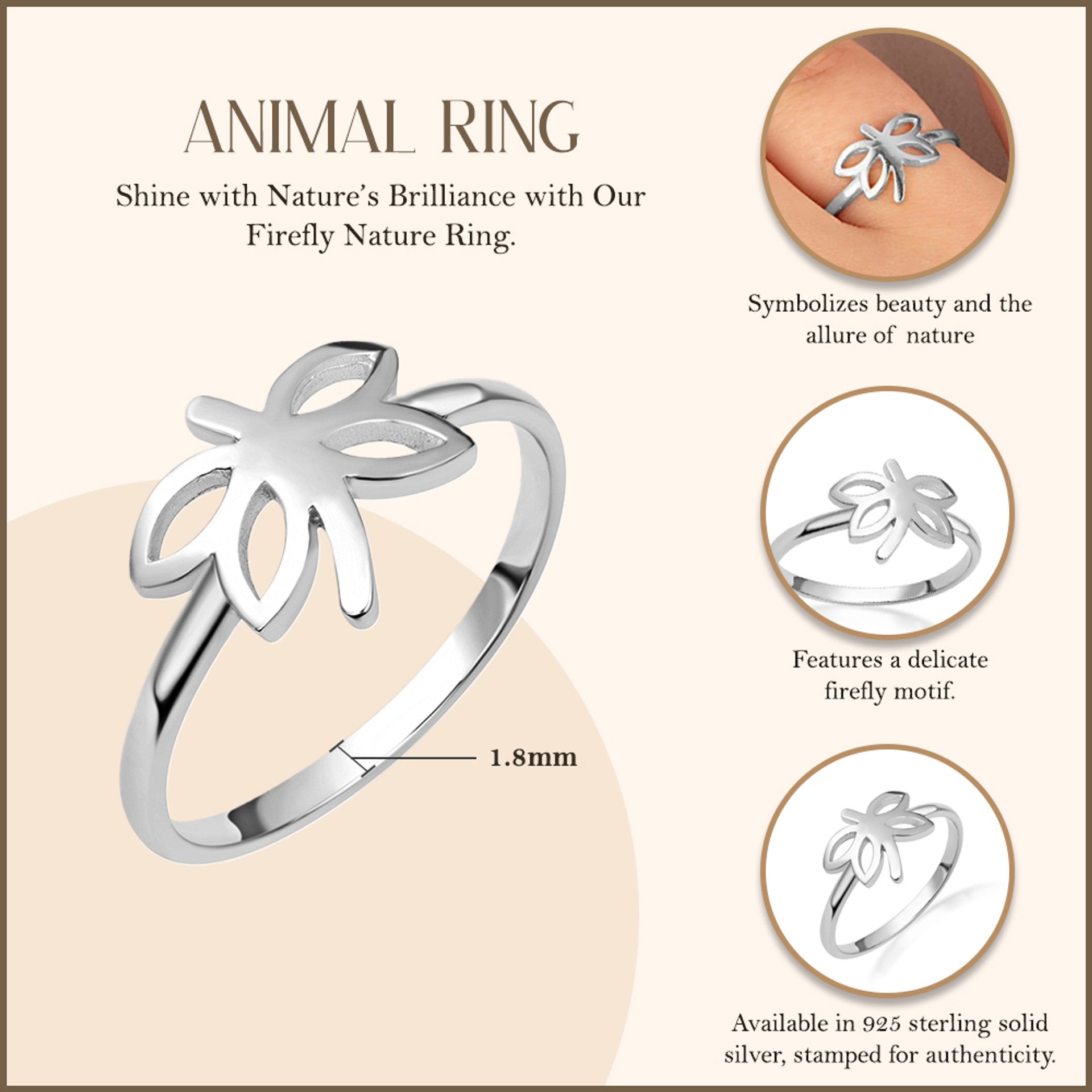 Solid .925 Sterling Silver Firefly Ring