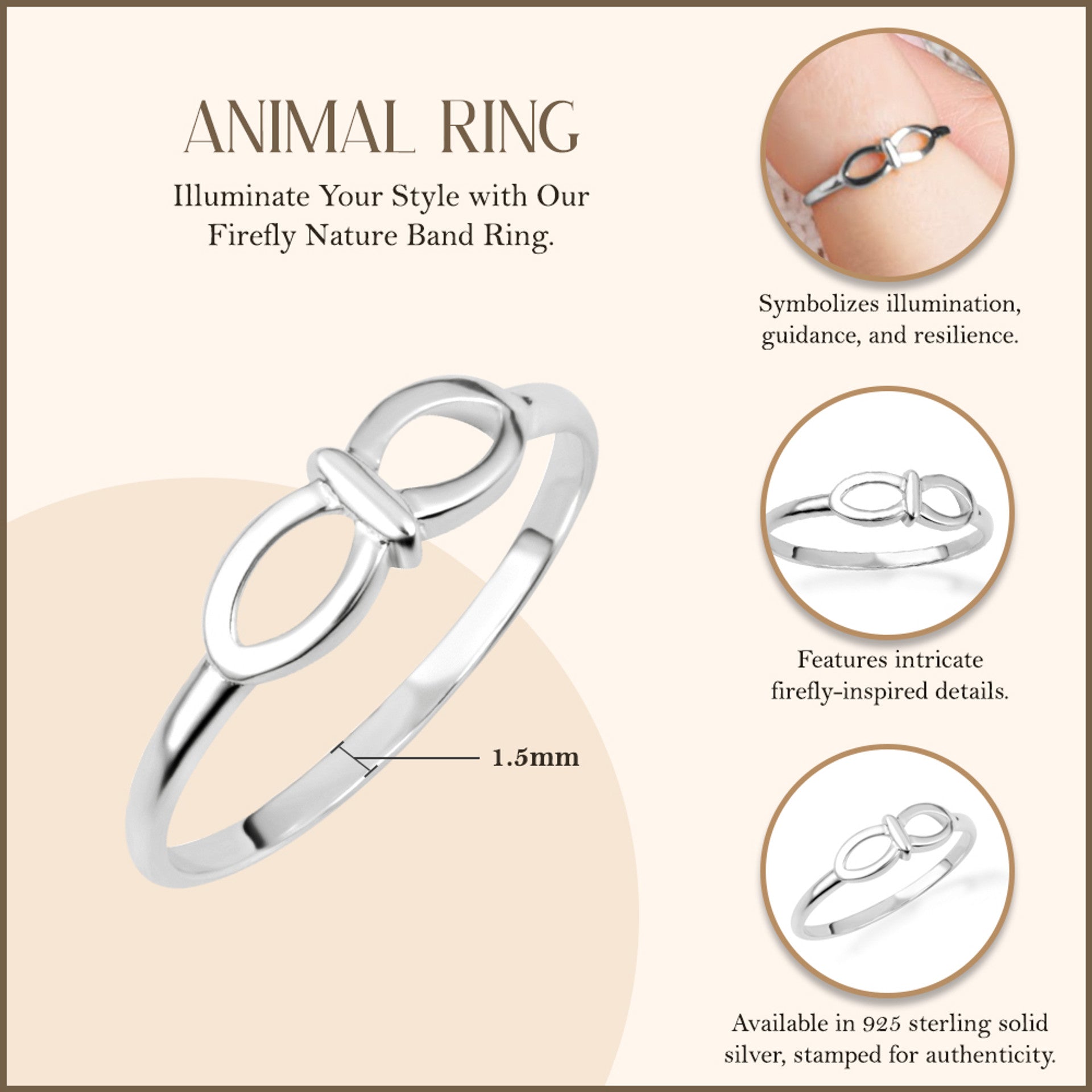 .925 Sterling Silver Firefly Nature Band Ring