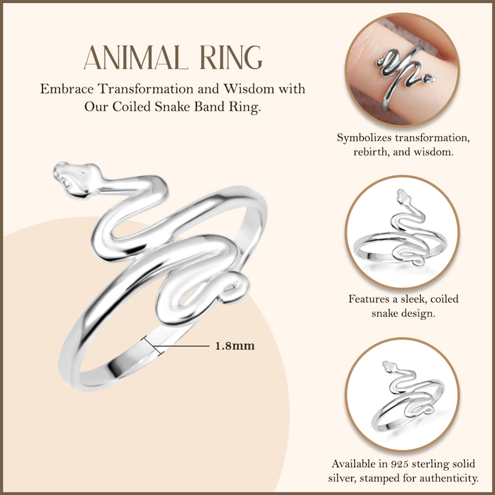 .925 Sterling Silver Coiled Serpent Snake Band Ring