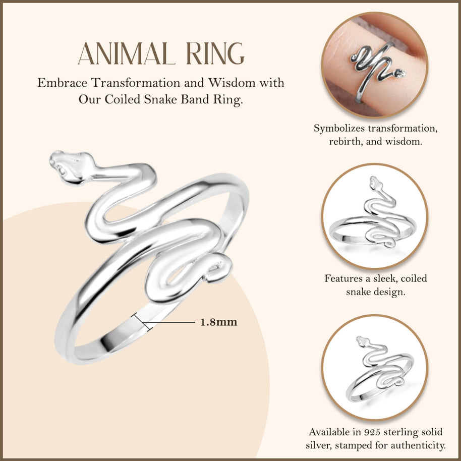 .925 Sterling Silver Coiled Serpent Snake Band Ring