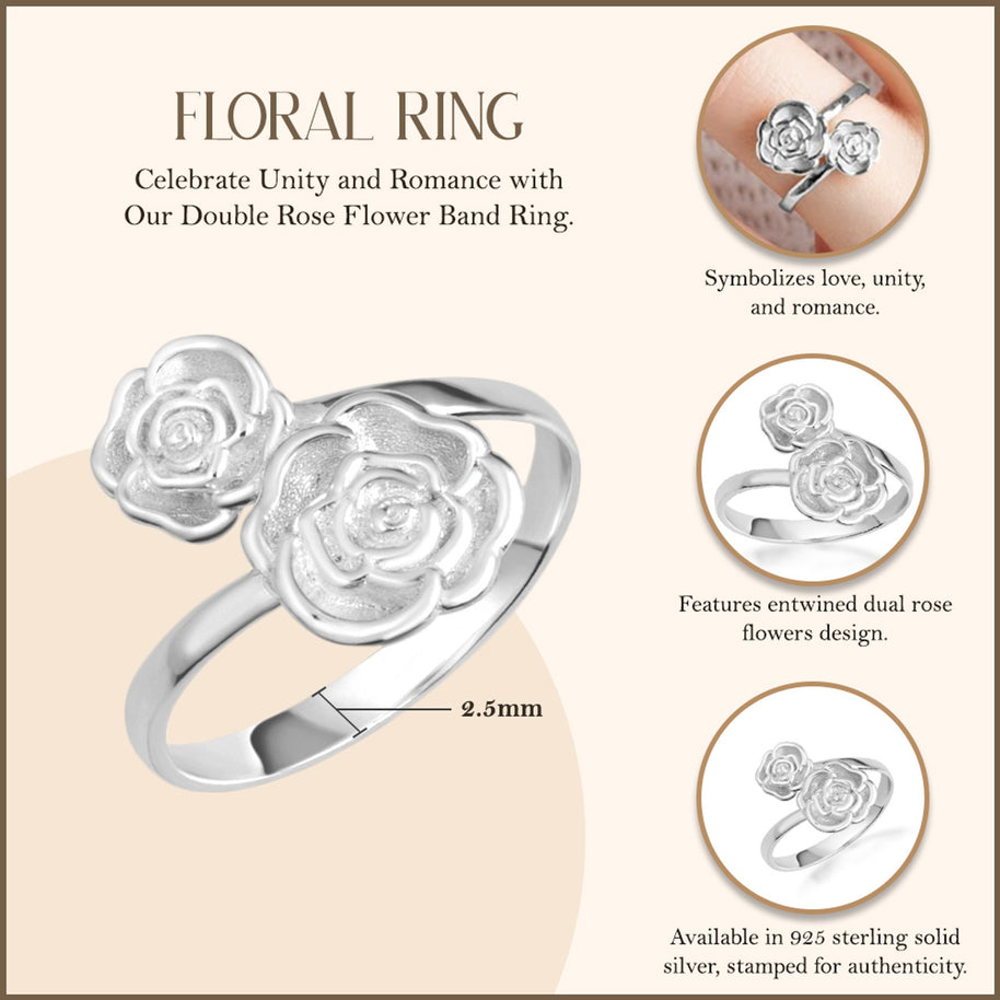 .925 Sterling Silver Double Rose Flower Band Ring