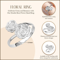 .925 Sterling Silver Double Rose Flower Band Ring