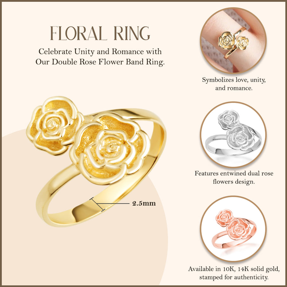 Gold Double Rose Flower Band Ring (Available in Yellow/Rose/White Gold)