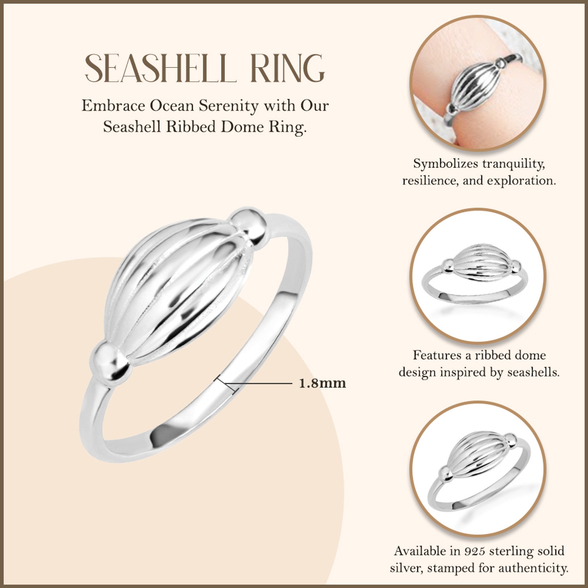 .925 Sterling Silver Beach Seashell Ribbed Ring