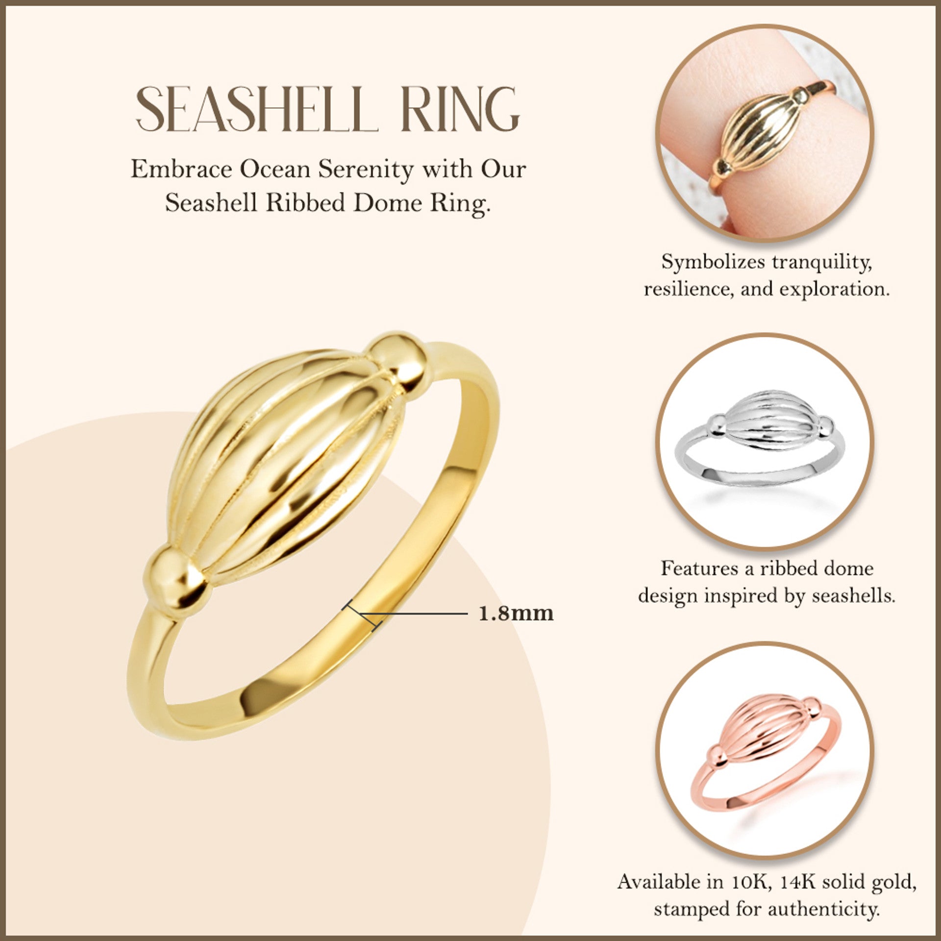 Gold Beach Seashell Ribbed Ring (Available in Yellow/Rose/White Gold)