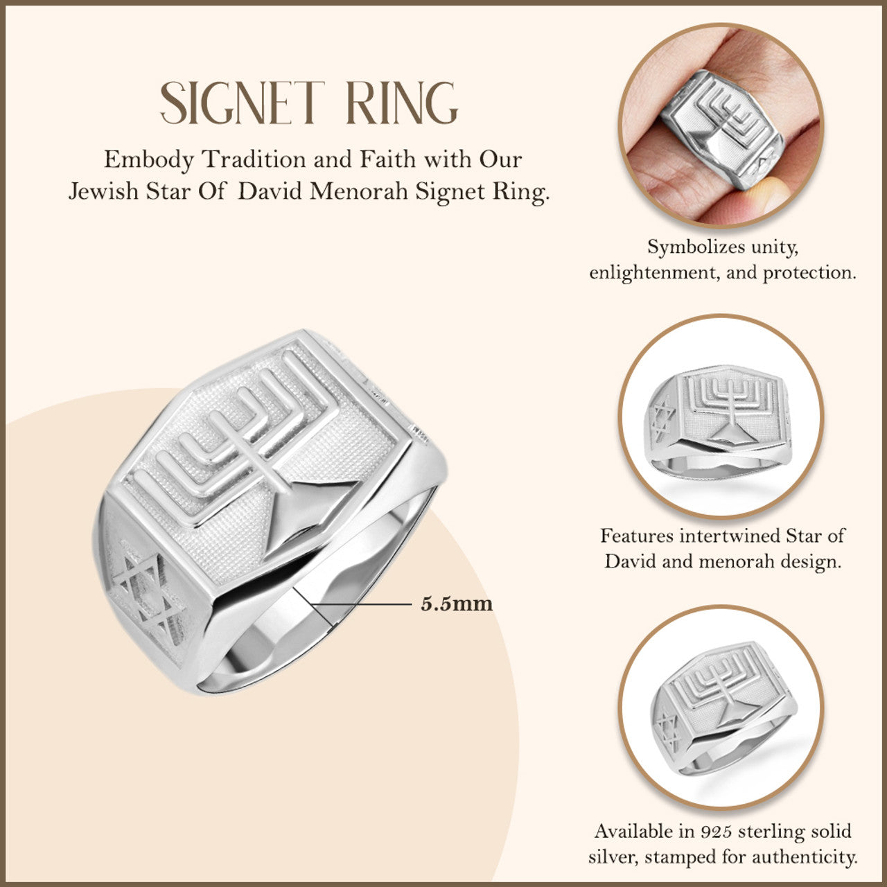.925 Sterling Silver Jewish Star Of David Menorah Signet Ring