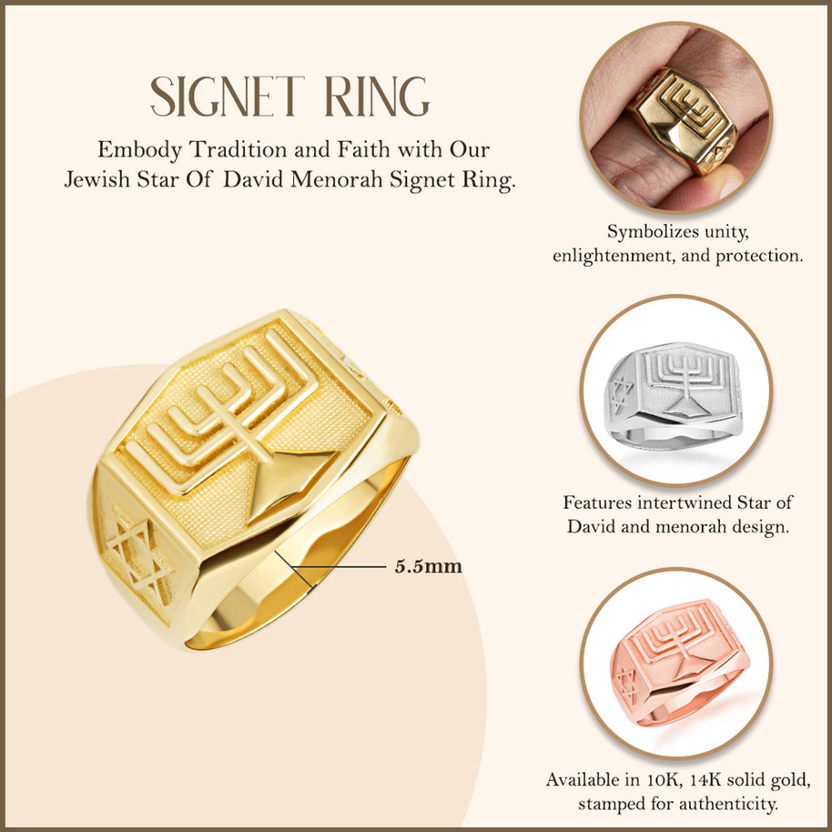 Gold Jewish Star Of David Menorah Signet Ring (Available in Yellow/Rose/White Gold)