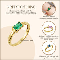 Gold Emerald Cut Cubic Zirconia Birthstone Striped Ring (Available in Yellow/Rose/White Gold)