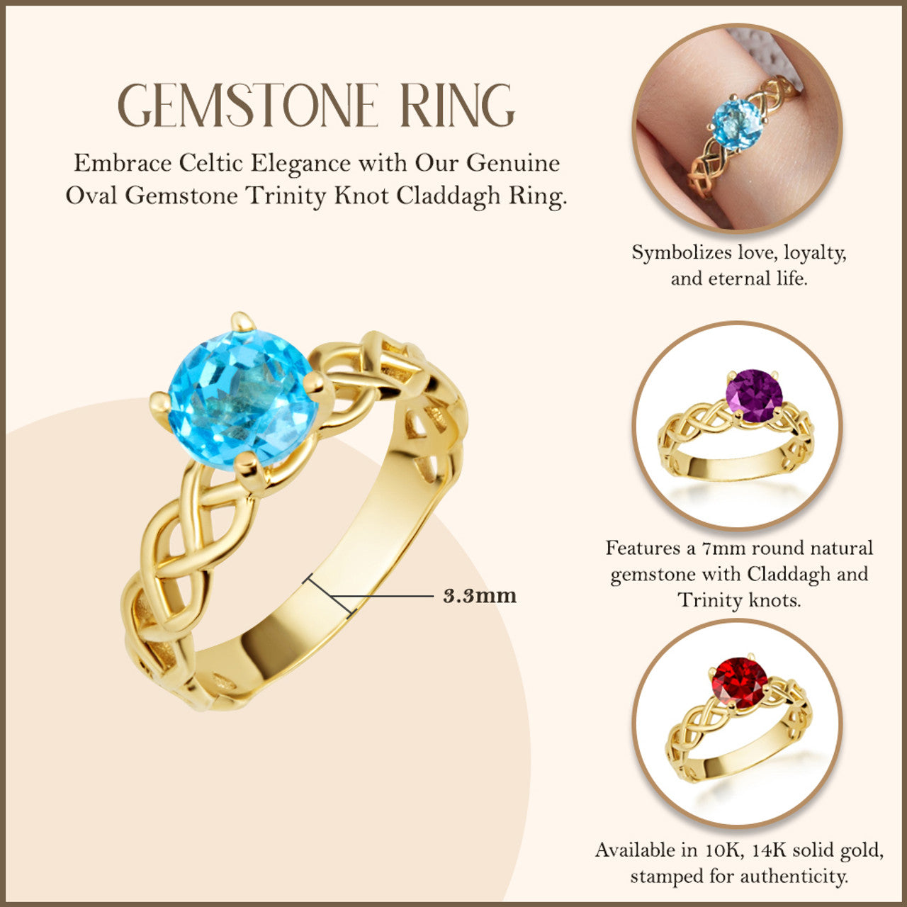 Gold Genuine Round Gemstone Trinity Knot Claddagh Ring (Available in Yellow/Rose/White Gold)